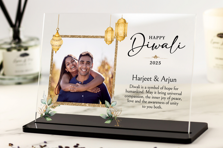 Personalised Happy Diwali photo plaque with stand, featuring names, year, photo and custom message – gift for couples, family or friends