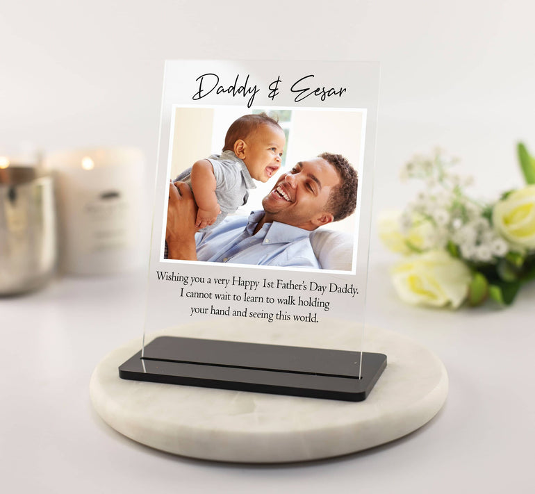 First Fathers Day Photo Acrylic Plaque Frame, New Dad Gift from Baby with Names and Special Message printed for a Unique Keepsake
