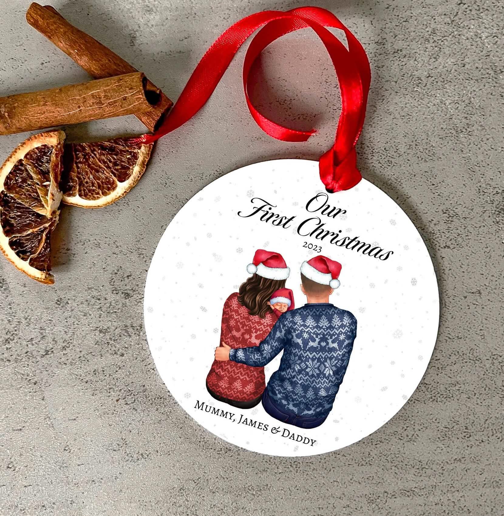 Christmas Bauble first christmas as a family mummy daddy and newborn baby