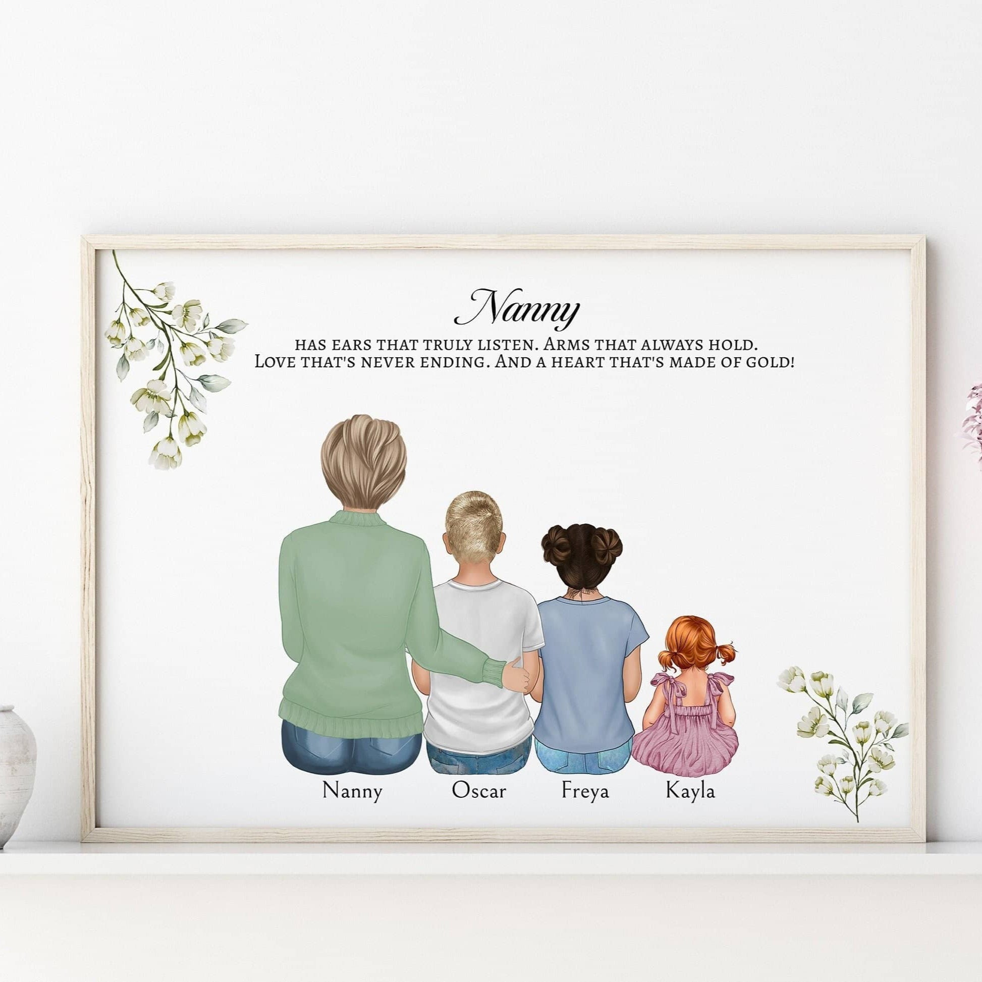Nanny Gifts, Gift for Grandma, Custom Portrait, Personalised Nan Christmas Present, Birthday, Mothers Day, Floral Print with Grandchildren