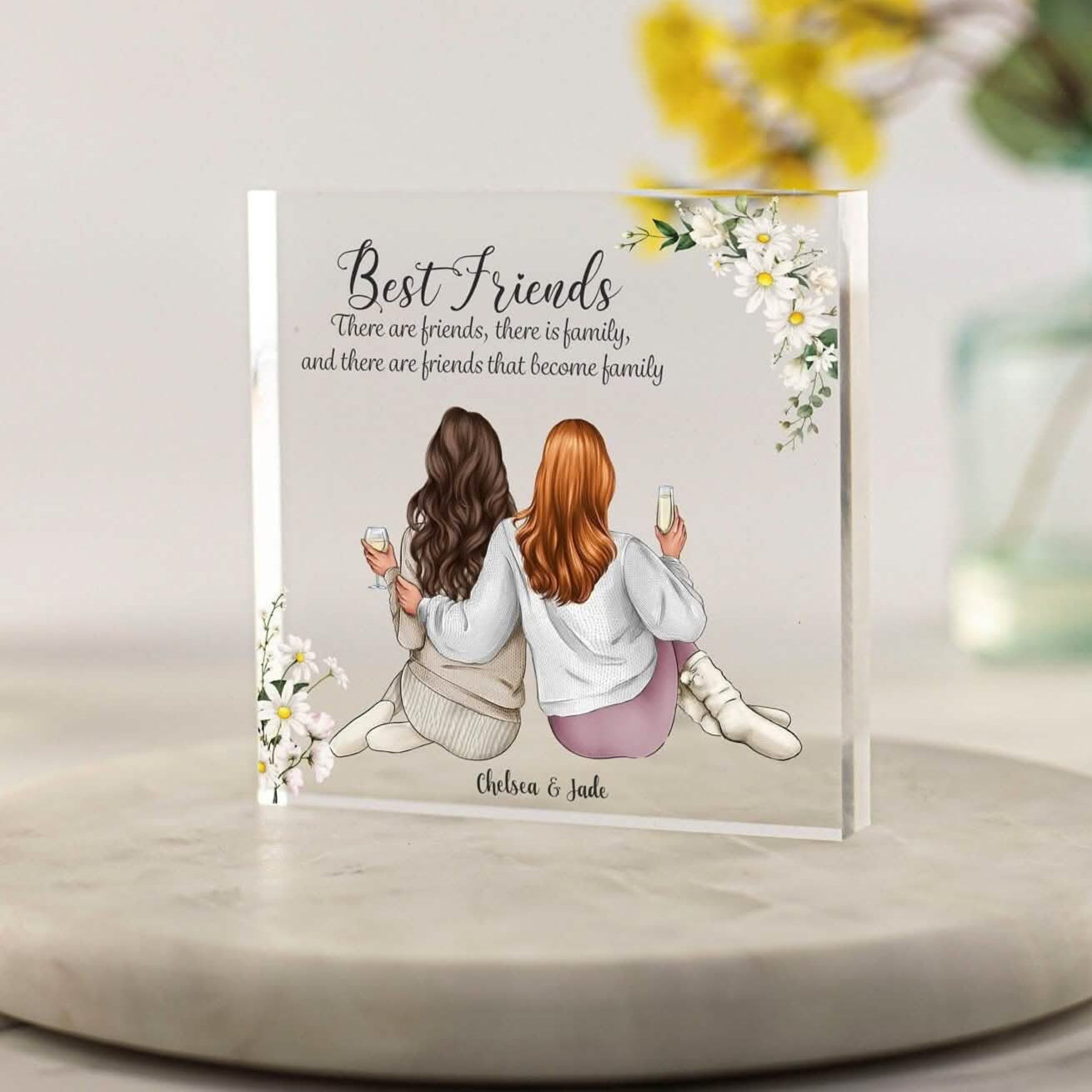 Best friend Personalised Print daisy floral. Custom portrait printed on acrylic block plaque. Ideal unique special sentimental gift for a best friend for Christmas birthdays or just because as a thank you gift