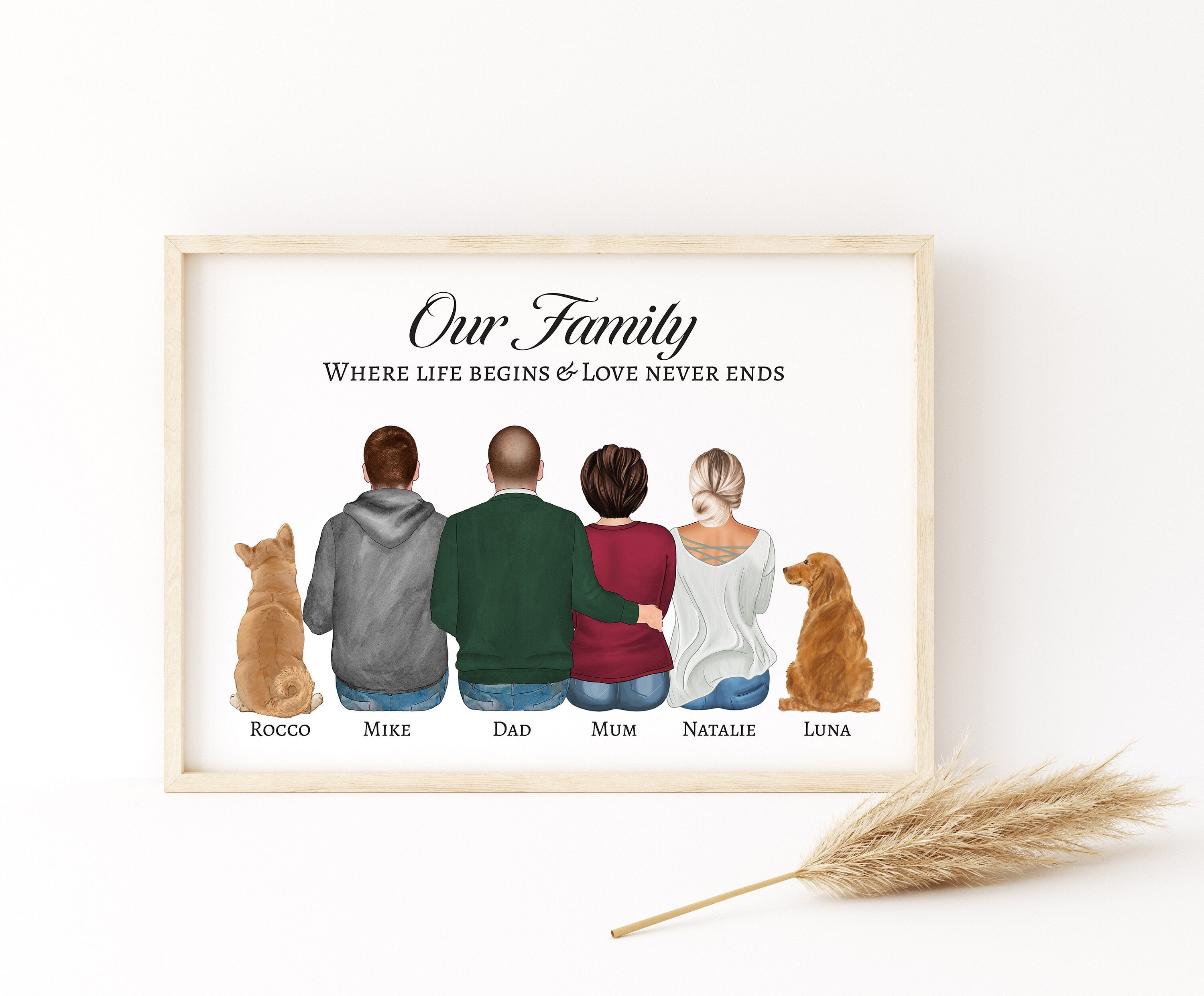 Custom Family Print with Pets, Christmas Gift, Family Illustration Wall Art, Family Gifts, Mothers Day, Fathers Day, Birthday, Parents Gift