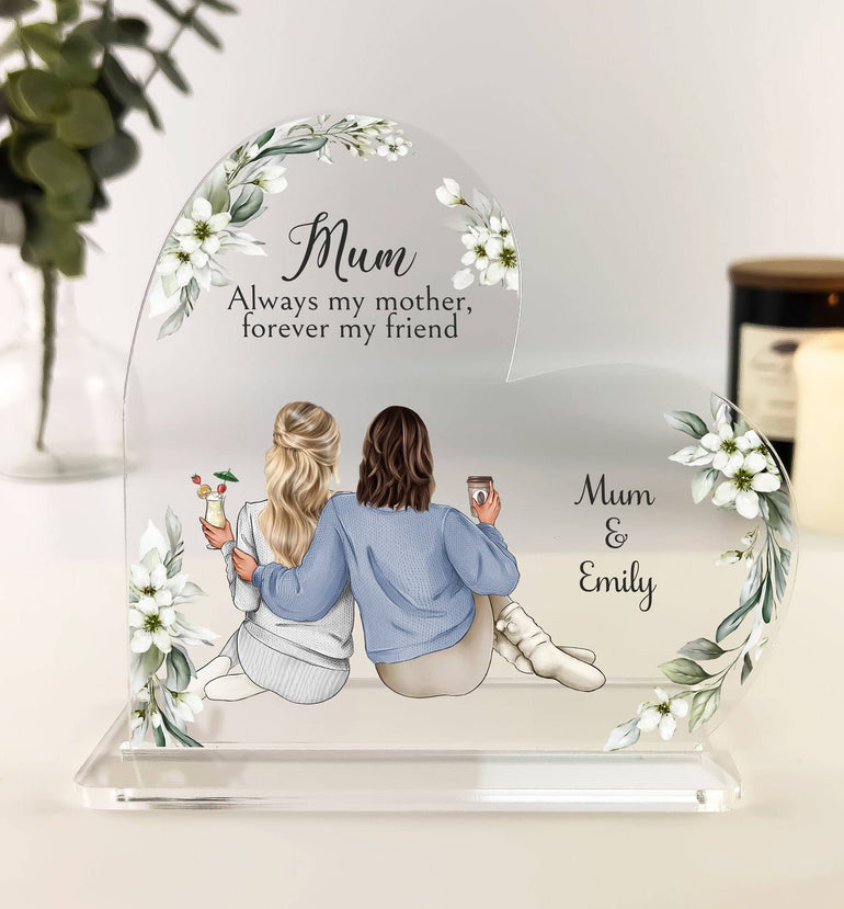 Personalised Mum Gift, Mothers Day, Portrait Print with Daughter, Birthday Gifts for Mom, Mothers Day Present Flowers Heart Acrylic Plaque