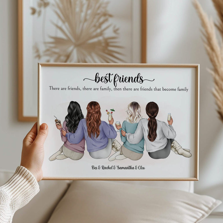 Group friendship print, 4 friends, Best Friend Portrait print, Gift for BFF's, Personalised Gift for Her, 21st Birthday Gifts Christmas, Thank you,Best friend Bride wedding day graduation