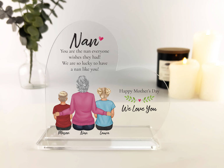 Happy Mothers Day Nan, Nanny, Gran, Granny gift Family Print acrylic heart plaque gifts for mother in law mum from grandkids