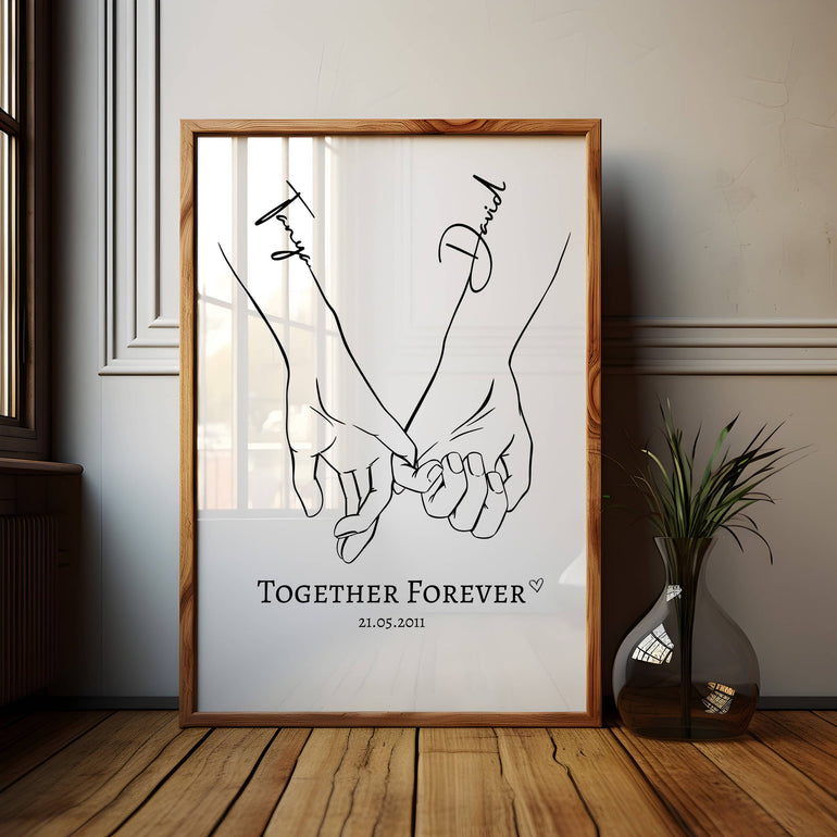 Anniversary Gift, Two Hands Line Drawing with Custom Names Print, Paper Anniversary, Engagement Gift, Wedding Gift, Personalised Print