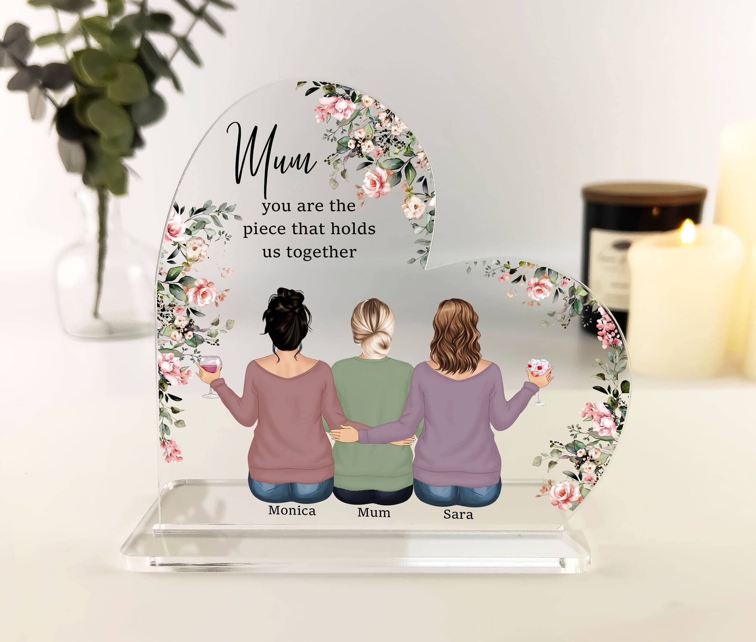 Mum Gifts for Mothers Day Heart Acrylic Plaque, Mother and Daughters,Gift from Daughter, Personalised Gifts for Mom, Handmade Gifts for her, Custom portrait gift for Mum