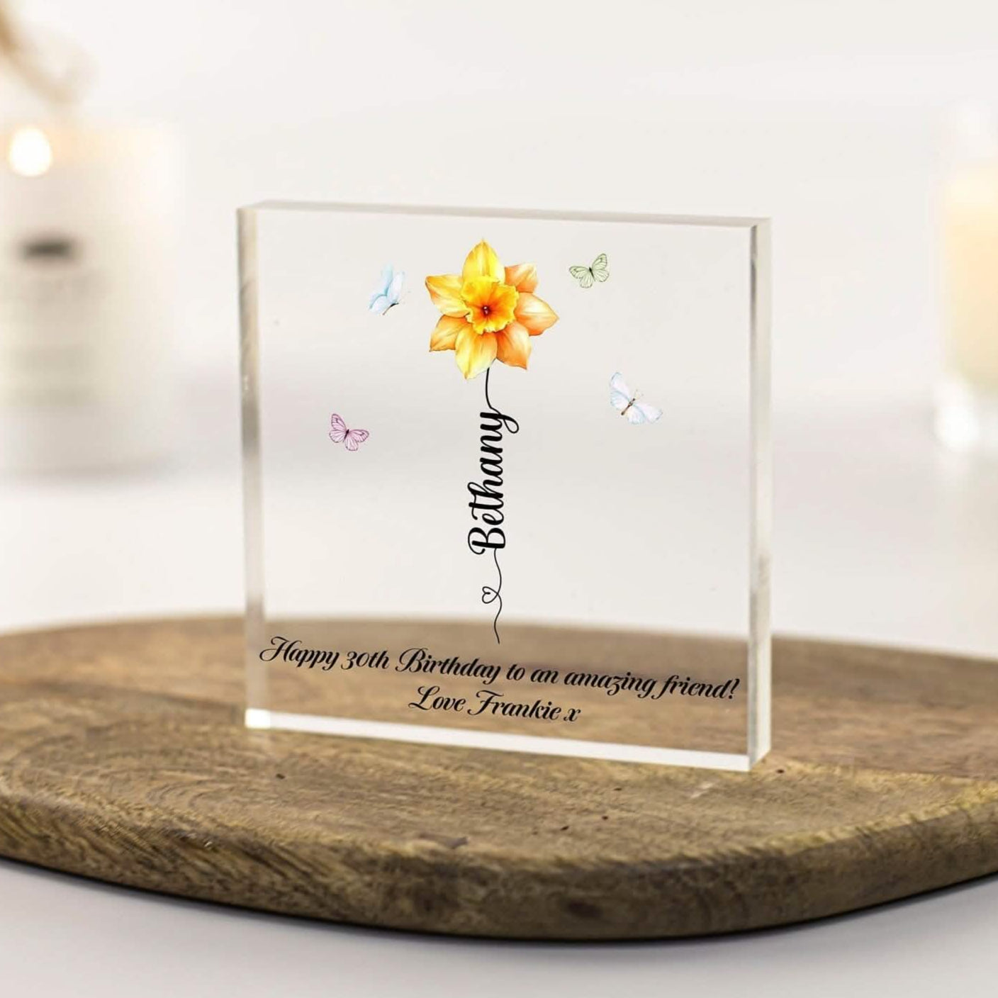 Personalised Birthday gift for friend, Birth Flower Print Acrylic Freestanding block, Ornament Plaque keepsake for special unique and thoughtful gifts. Any age gift, birthday card alternative. Best friend gifts