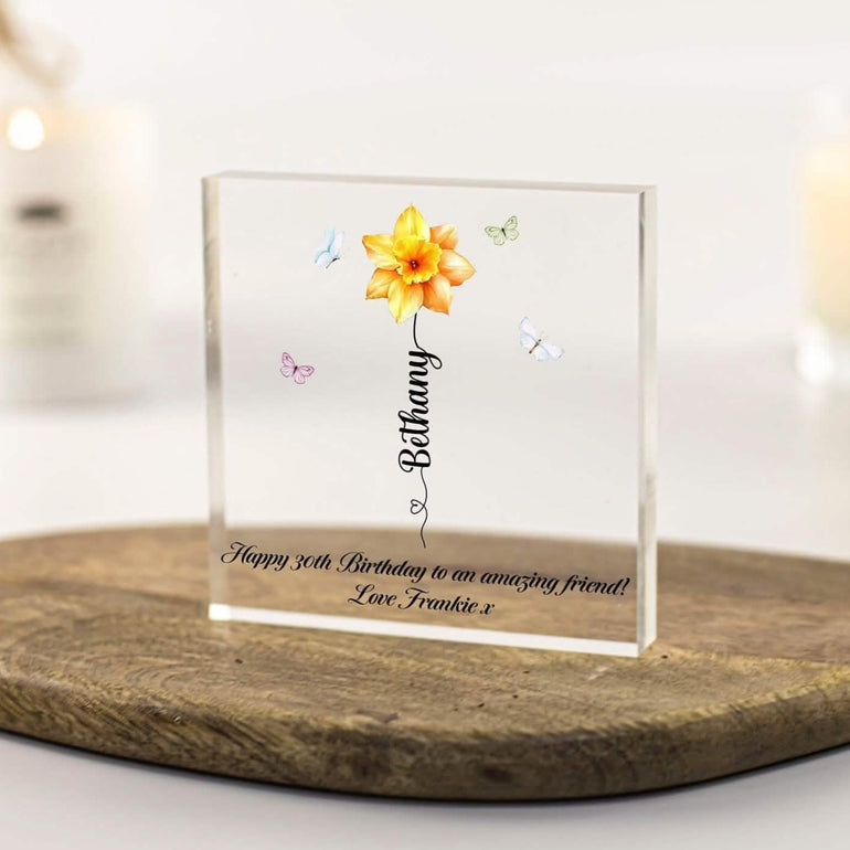 Personalised Birthday gift for friend, Birth Flower Print Acrylic Freestanding block, Ornament Plaque keepsake for special unique and thoughtful gifts. Any age gift, birthday card alternative. Best friend gifts