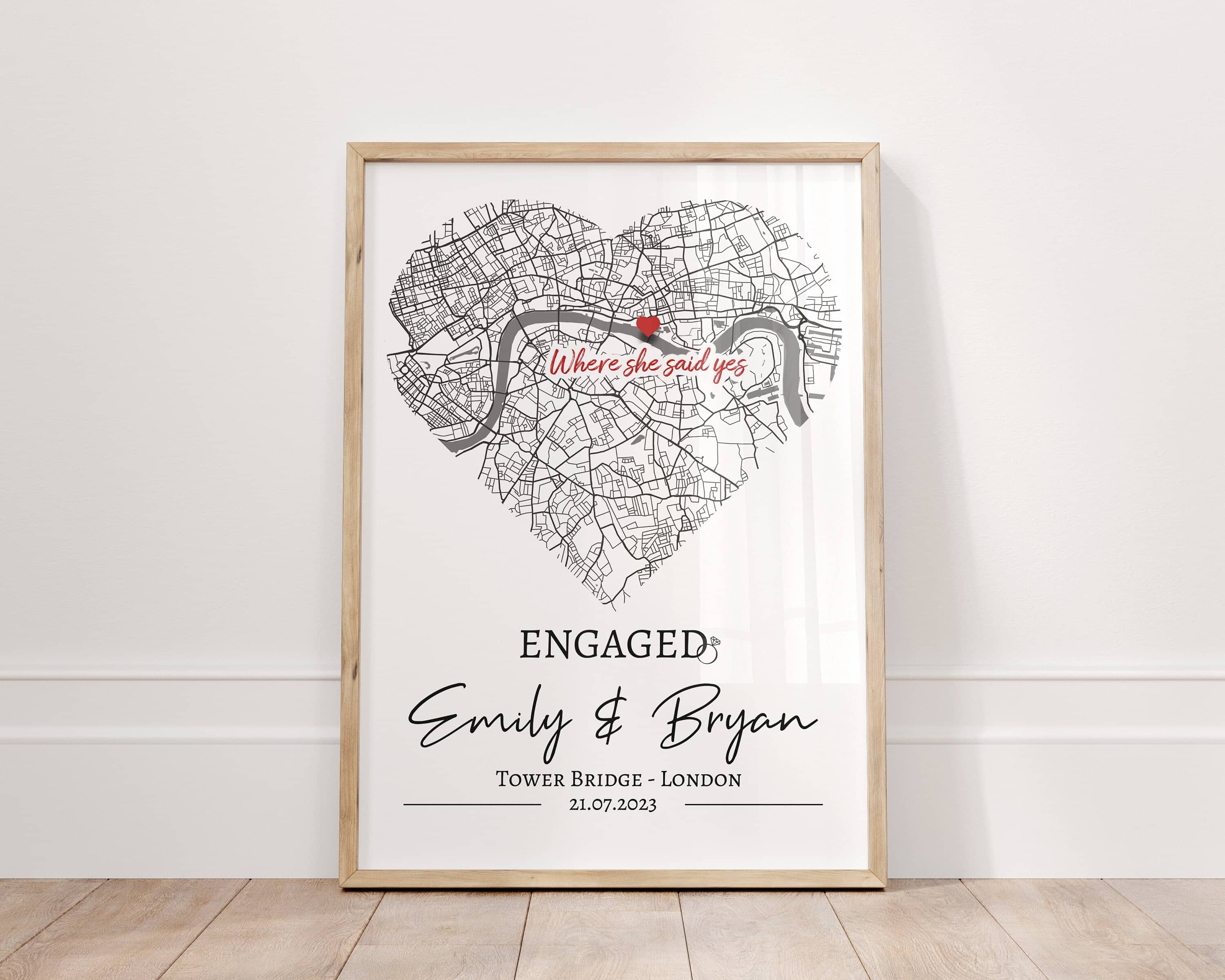 Personalised Engagement Present, Engagement Map Print, Couples Gift, She Said Yes, Newly Engaged Gifts, Wedding Print, Unique Handmade Gift