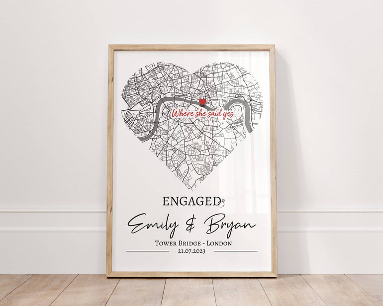 Personalised Engagement Present, Engagement Map Print, Couples Gift, She Said Yes, Newly Engaged Gifts, Wedding Print, Unique Handmade Gift