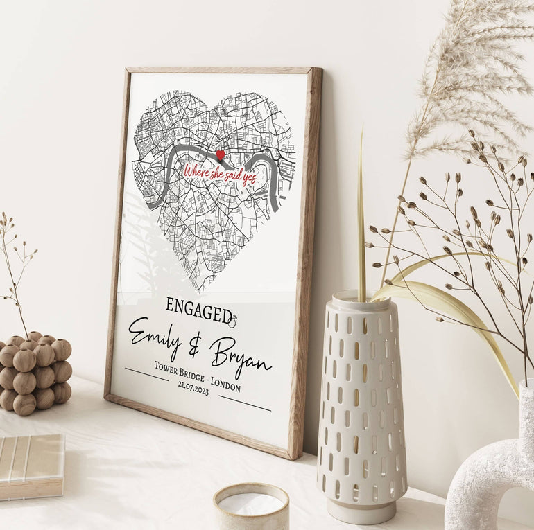 Personalised Engagement Present, Engagement Map Print, Couples Gift, She Said Yes, Newly Engaged Gifts, Wedding Print, Unique Handmade Gift