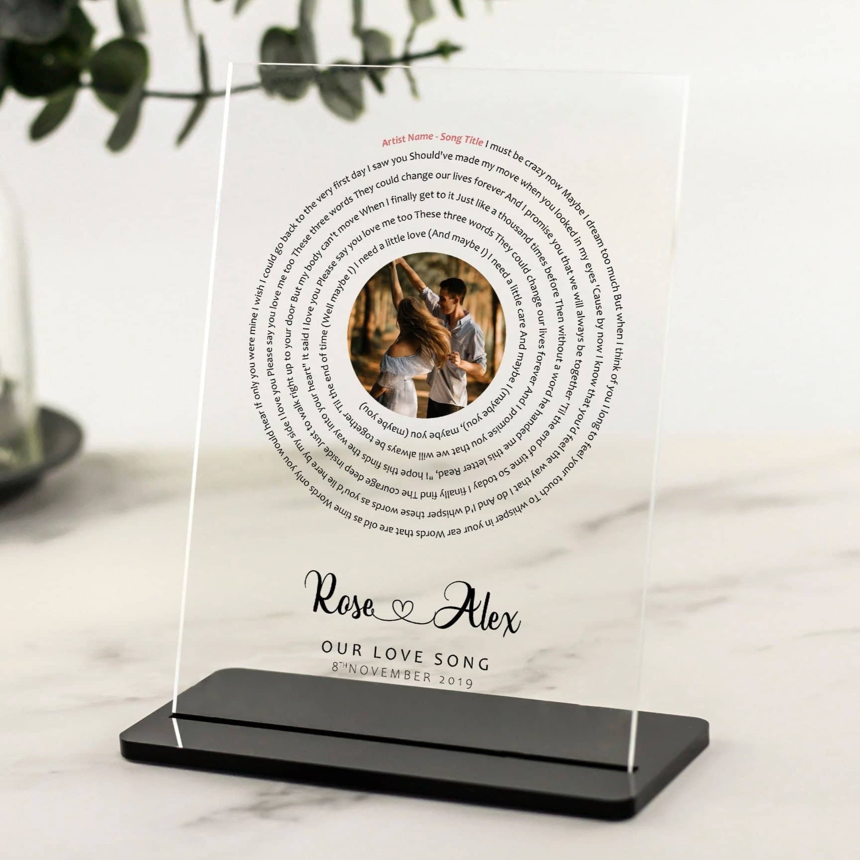 Custom Song Lyric Print, Our Song, First Dance, Vinyl Lyrics with Photo Gift, Music Art, Anniversary Gift, Wedding Song Acrylic Plaque