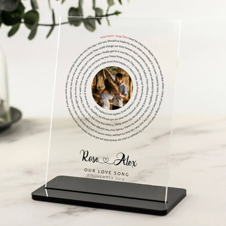 Custom Song Lyric Print, Our Song, First Dance, Vinyl Lyrics with Photo Gift, Music Art, Anniversary Gift, Wedding Song Acrylic Plaque