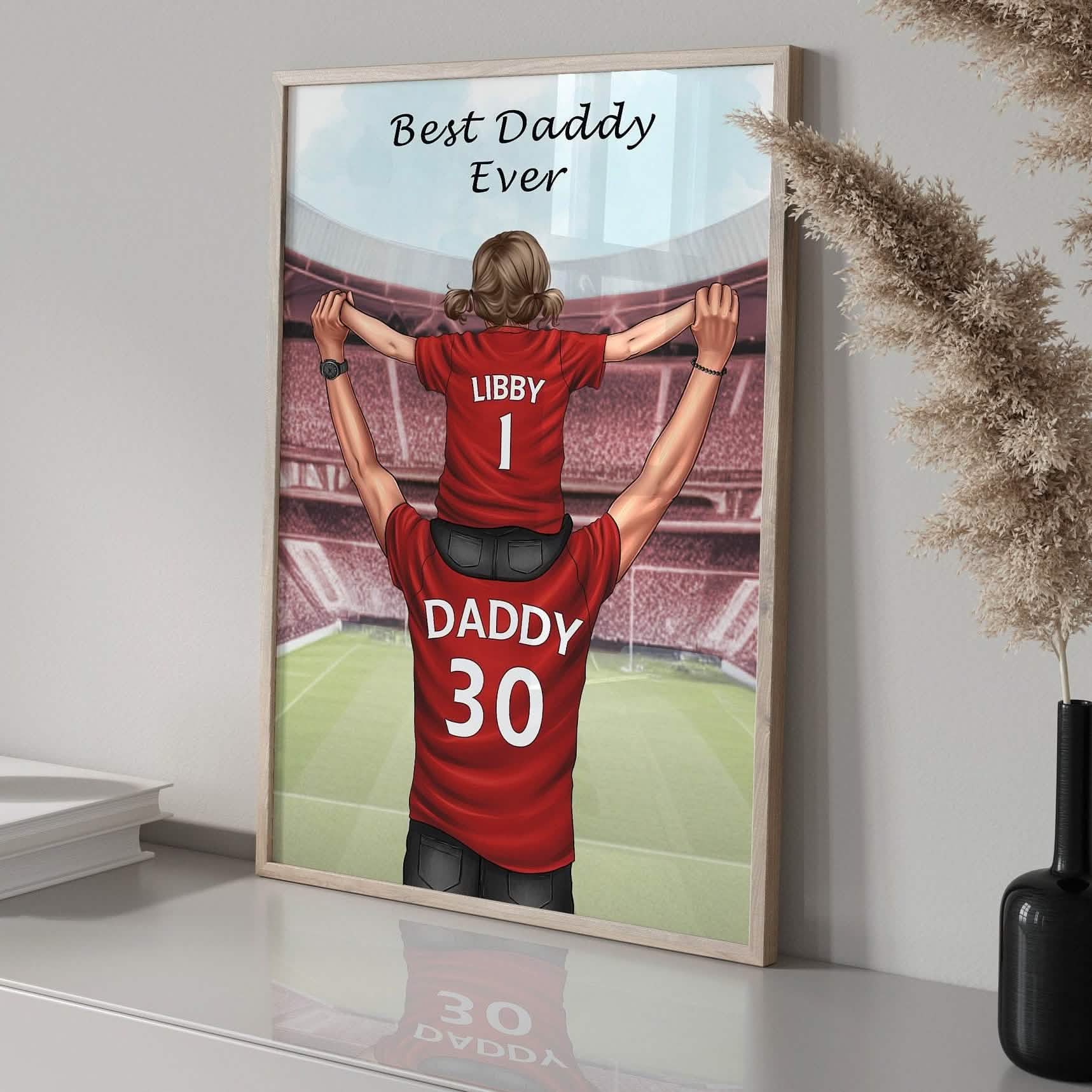 Custom football print for Father’s Day showing dad and child from behind in team shirts, with personalised names, numbers, skin tone and hair.