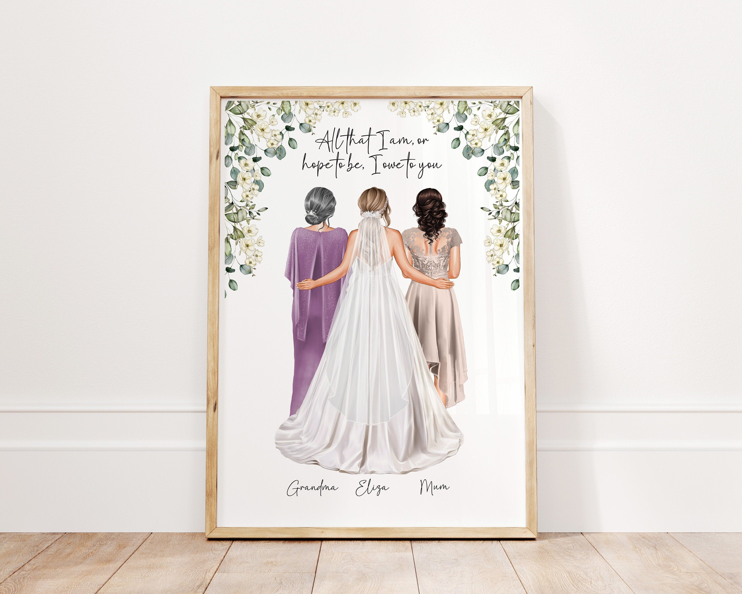 3 Generations Wedding Portrait Bride, Mother of Bride Grandma Custom portrait, Wedding Print, Remembrance Print, In heaven, Sister of Bride, Gifts to Nan