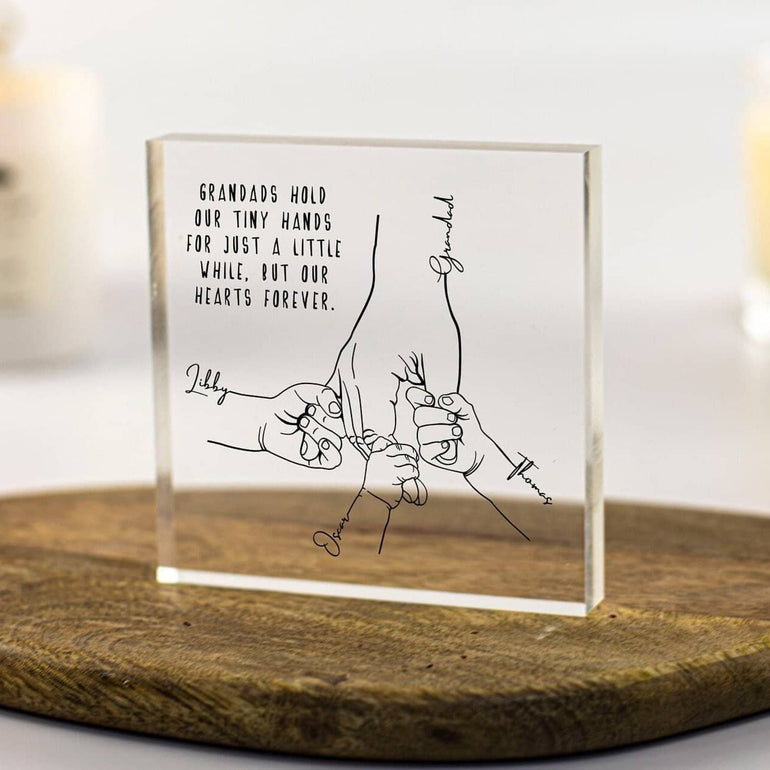 Personalised Grandad handprint acrylic block with grandchildren’s names and sentimental quote about holding hands and hearts forever.