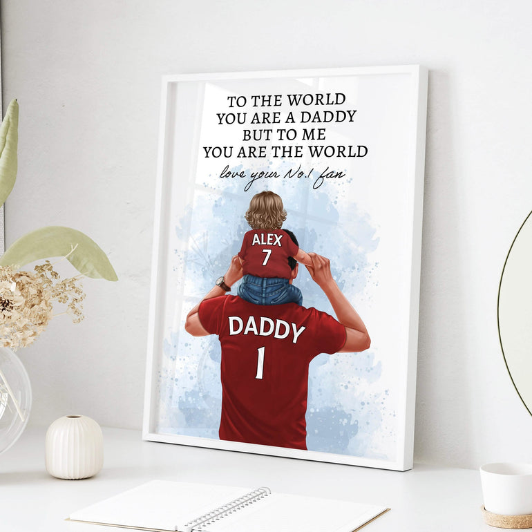 Personalised Daddy and child football print for Father’s Day with names, shirt numbers, skin tones and quote, ‘To the world you are a Daddy.