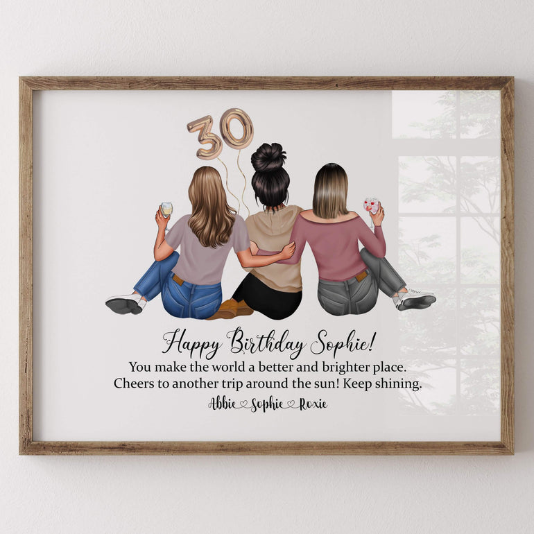Personalised 30th Birthday Best Friends Print, 3 friends Group Friendship Gift, Any Age Birthday Keepsake Present with Balloons Gift for her