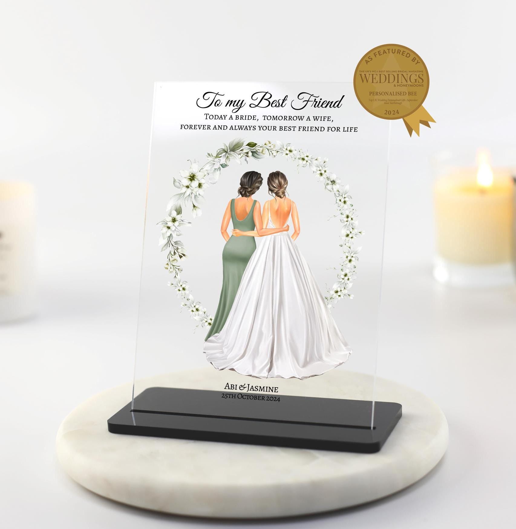 Gift for Bride on her wedding card, for my best friend on wedding day, personalised gift for bride, custom best friends drawing, today a bride poem keepsake, maid of honour, proposals