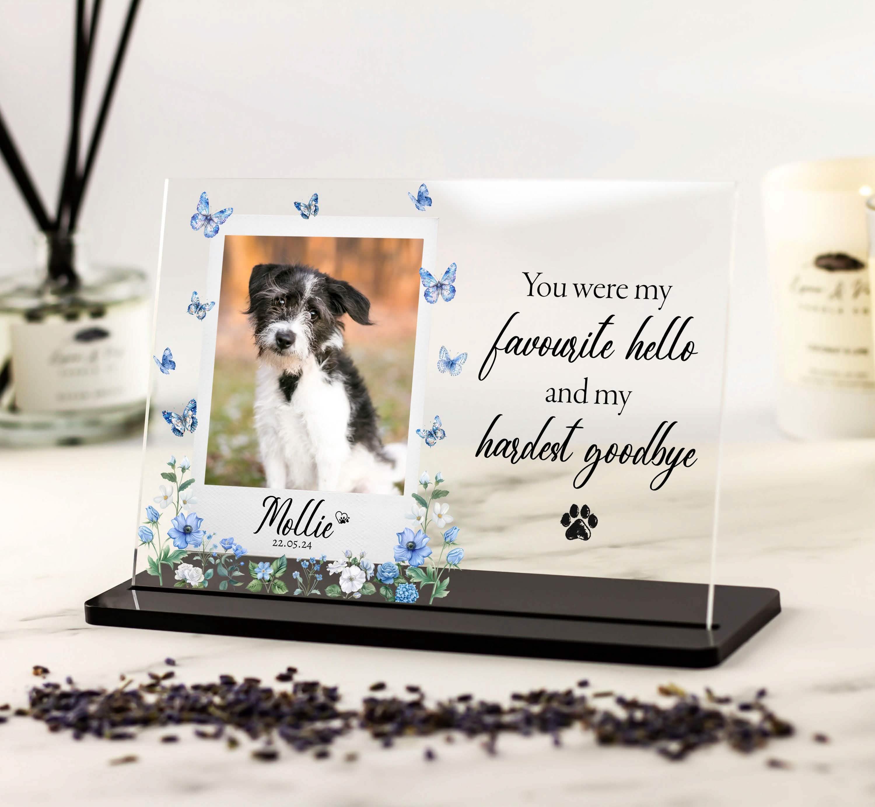 Dog memorial photo frame upload keepsake gift, in loving memory, rainbow bridge, butterflies and flowers print, you were my favourite hello and hardest goodbye