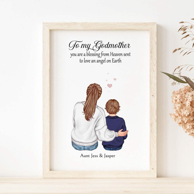 Godmother gift, Appreciation gift, Baptism gift, Christmas gift from godchild, goddaughter, godson, birthday keepsake Aunt, Aunty personalised print drawing