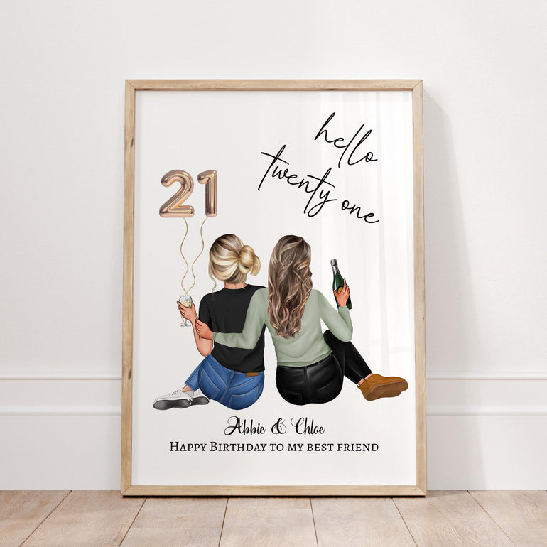 personalised 21st birthday gift for best friend, bestie, bestfriend gifts, special birthday unique present ideas, hamper basket fillers, happy birthday cards custom portrait print