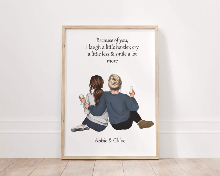 Best Friends gift, 2 people back view portrait print, friendship gifts, secret santa gifts, 50th birthday, 40th, 30th, 18th, 16th thoughtful thank you appreciation, besties forever digital print xmas