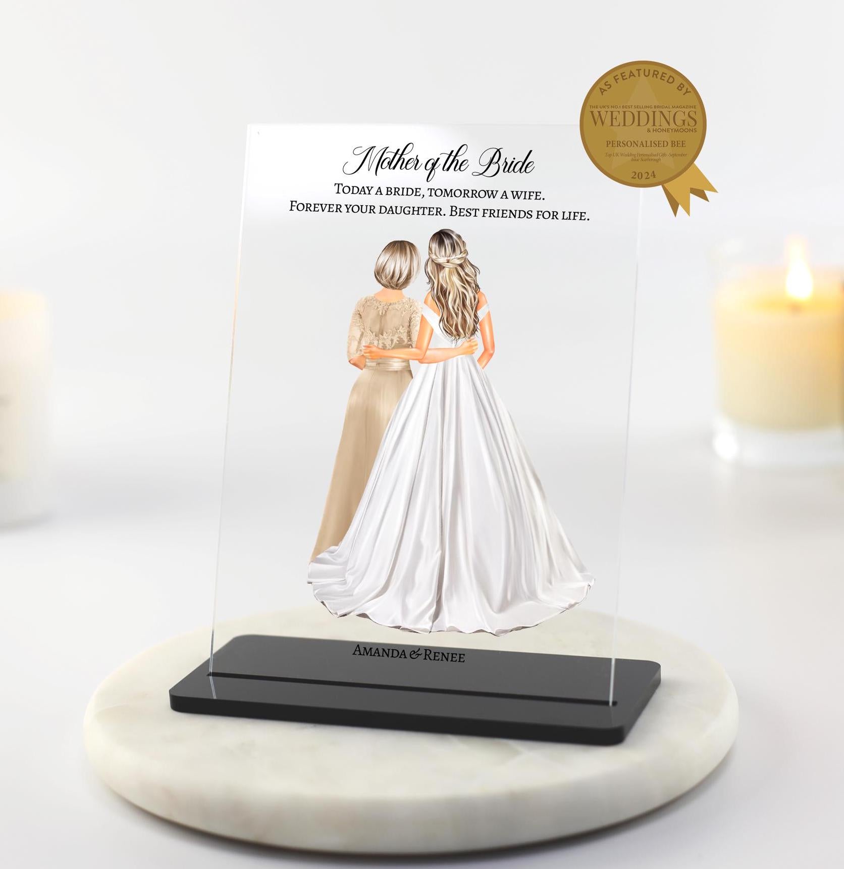 Mother of the bride Acrylic Plaque, personalised bride wedding dress drawing, custom wedding portrait print art, mother and daughter drawing, gift for mum, Today a bride tomorrow a wife poem thank you mum