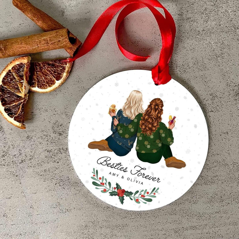 Best Friend Christmas Bauble, Personalised Ornament gift, Xmas secret santa gift, roommates present,Besties forever personalised portrait drawing of 2 friends