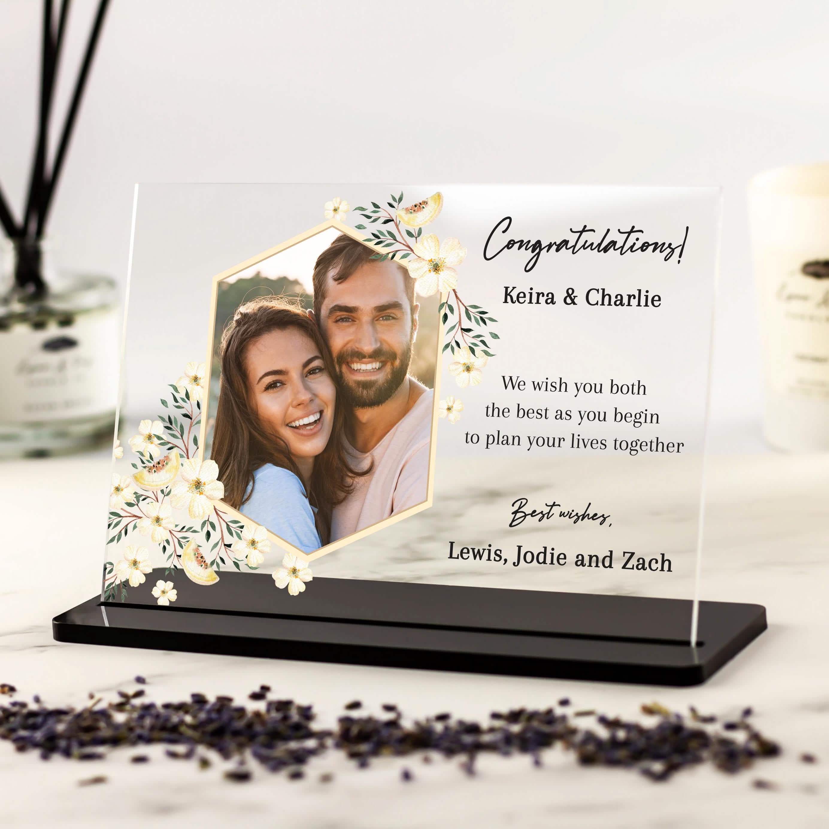 Photo keepsake for engaged couple, congrats present photo frame gifts upload own photo with custom wording acrylic plaque