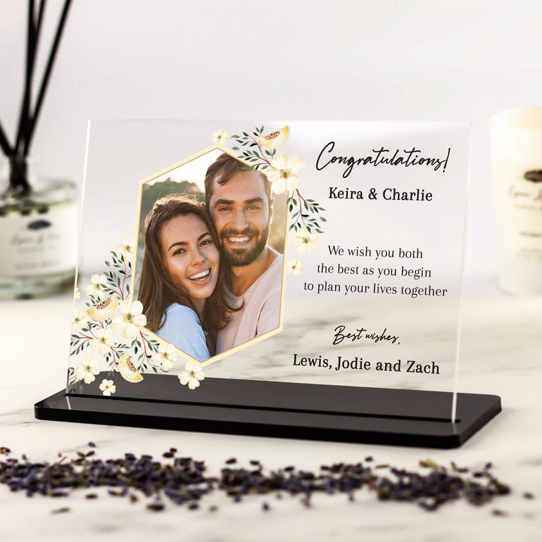 Photo keepsake for engaged couple, congrats present photo frame gifts upload own photo with custom wording acrylic plaque