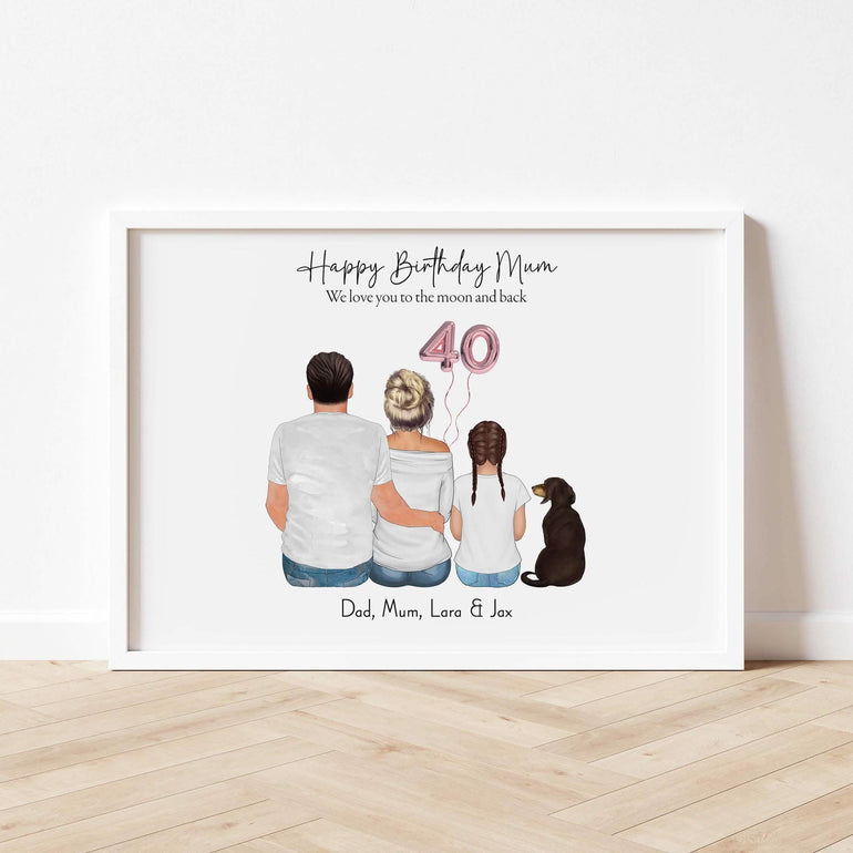 Happy Birthday Mum 40th gift, Family Print,gift from daughter, gift from son, children, 30th birthday, first birthday as Mum, Nanny, Birthday gift for Dad, 50th birthday gift family and dog