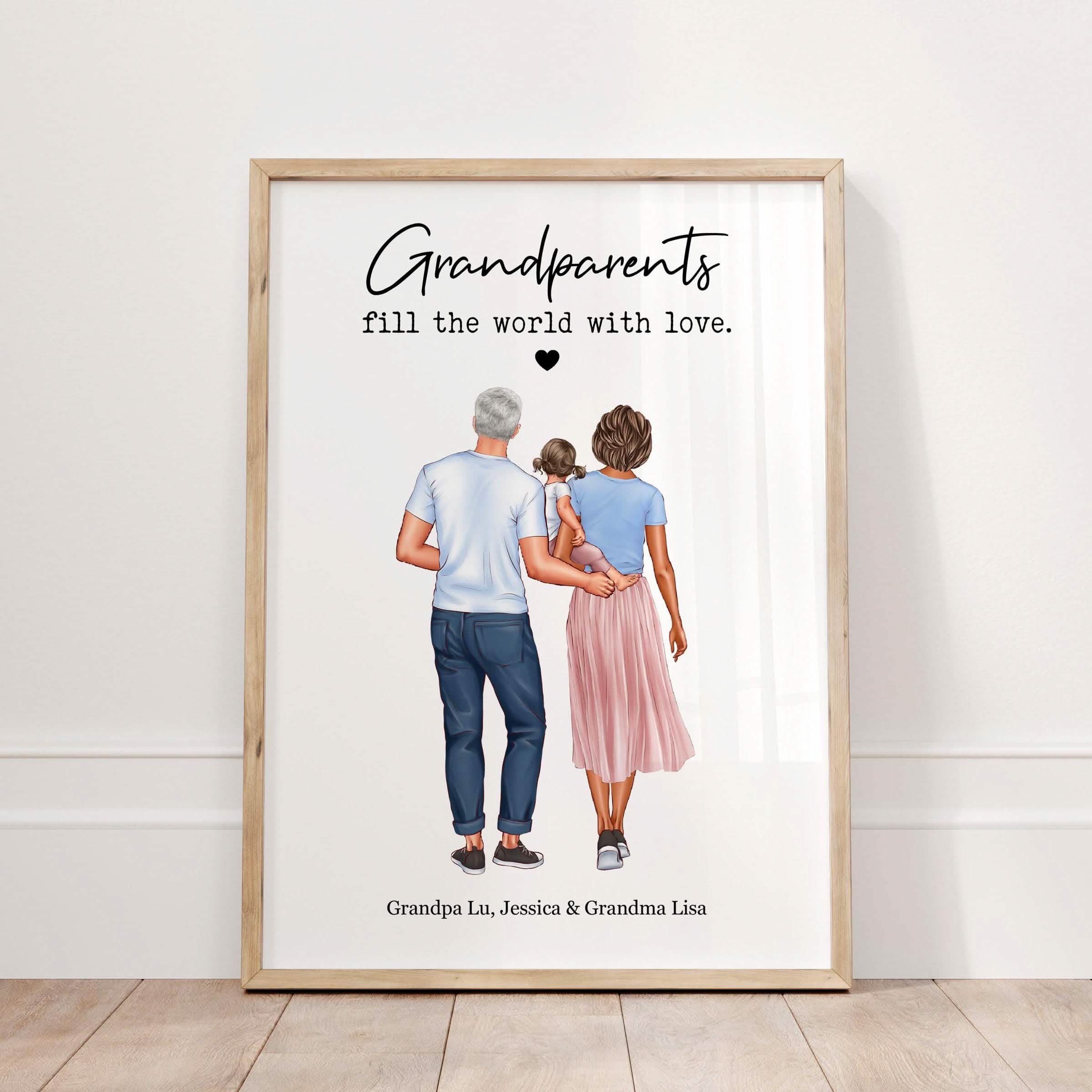 Grandparents Gift Personalised Print, Grandad, Nan and granddaughter, grandkids, grandson, Custom Family Art, Our Grandchildren Portrait illustration drawing backview