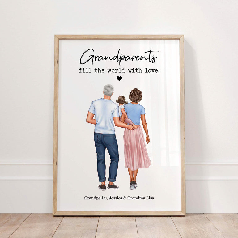 Grandparents Gift Personalised Print, Grandad, Nan and granddaughter, grandkids, grandson, Custom Family Art, Our Grandchildren Portrait illustration drawing backview