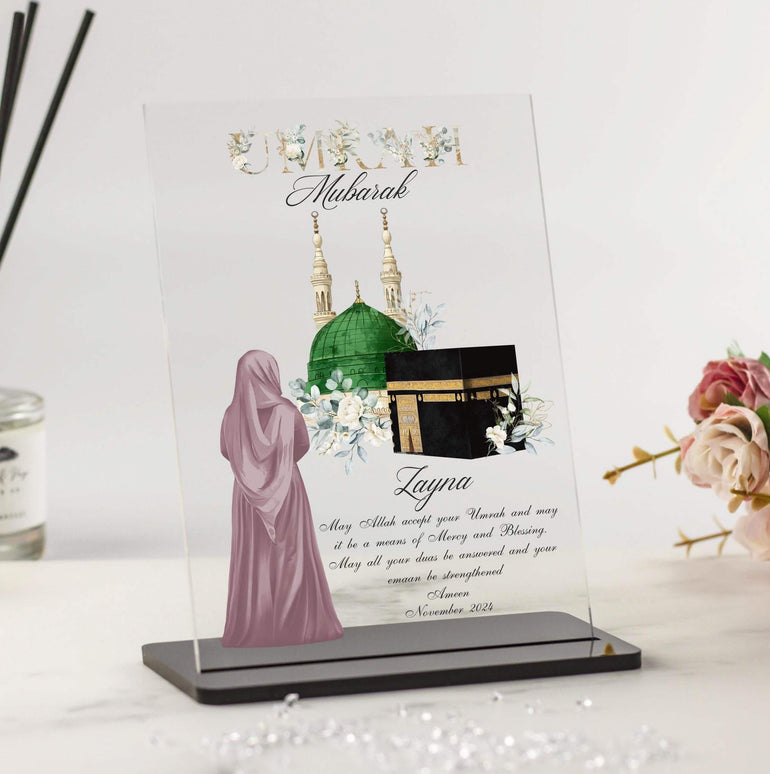 Umrah Gift for Female, Umrah Mubarak gifts Women, Hijabi Girl, Acrylic Plaque slate present hamper, Personalised gift for sister, mother, aunt, wife, daughter, best friend, cousin