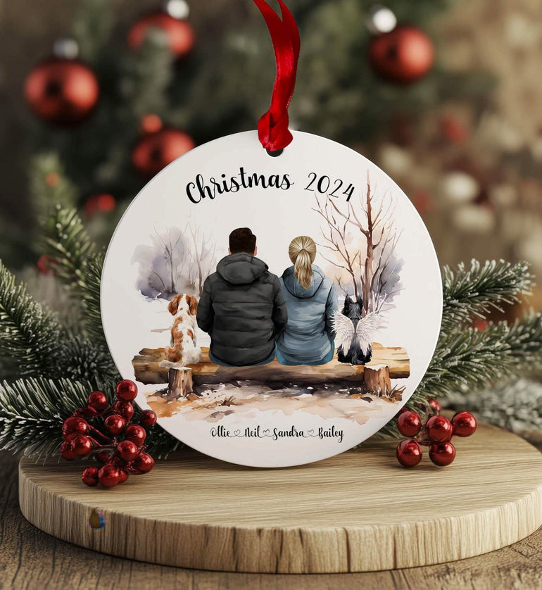 couple and pet custom ornament, winter background, dog memorial angel wings, couple bauble xmas gifts, stocking filler, newlywed, engaged, first, new home