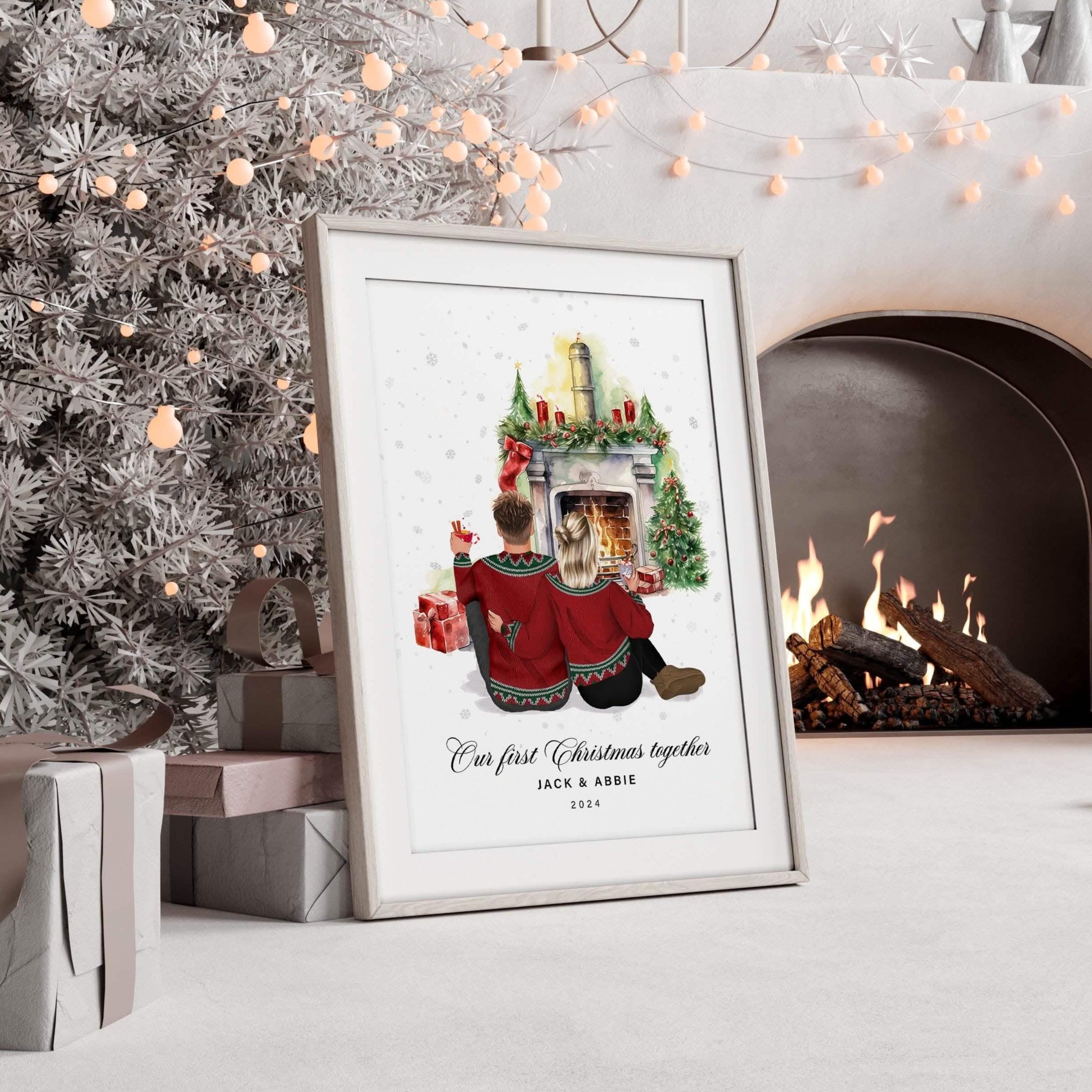 Christmas Family Print, Couple Personalised Print, Our first christmas wall art decor, Unique first xmas portrait print, mr and mrs, christmas card,mr and mrs, mr and mr, newly weds 2024