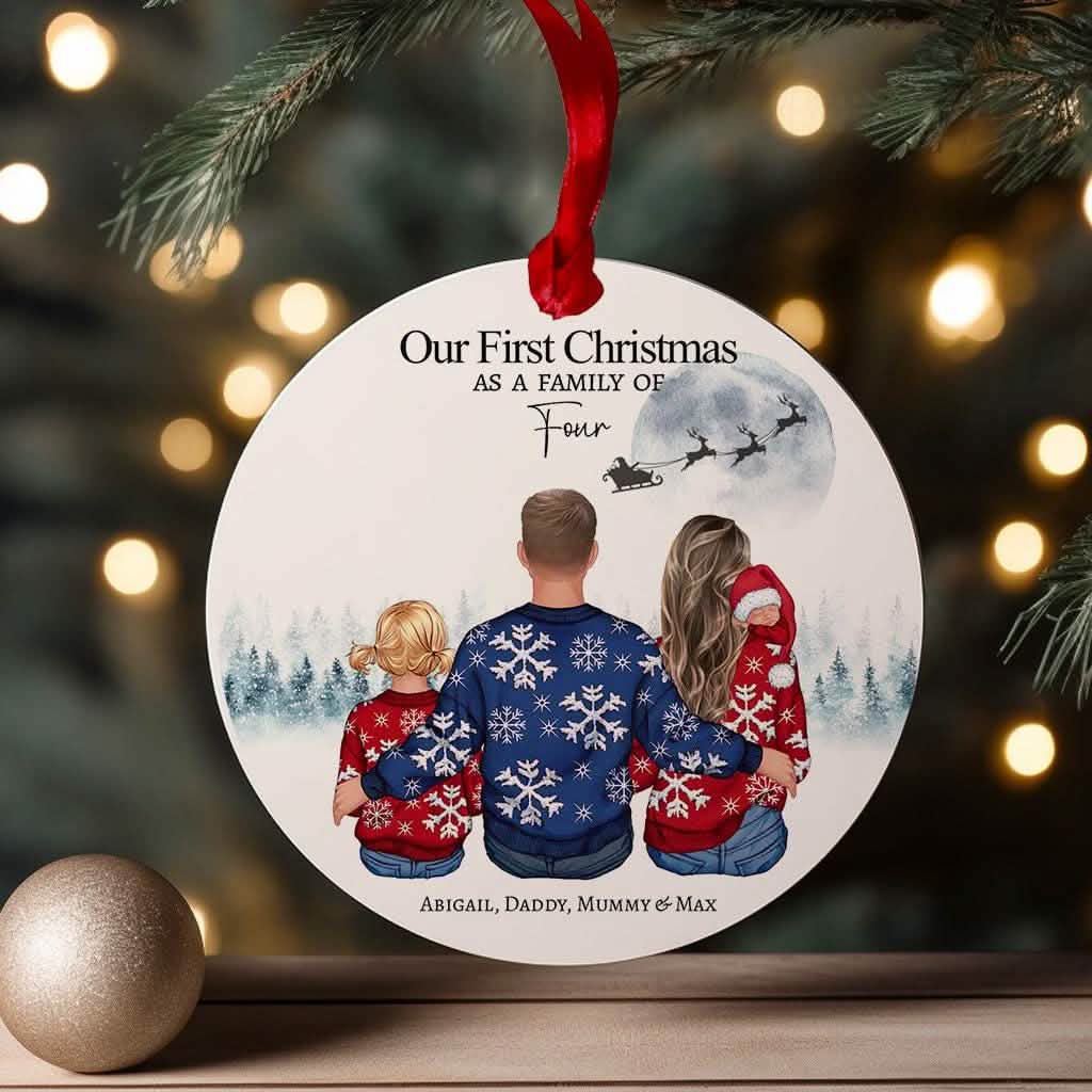 Personalised First Christmas as a Family of 4 Bauble, Baby first christmas ornament, Mum dad baby toddler child illustration christmas ornament personalised faceless back view characters with gift box option