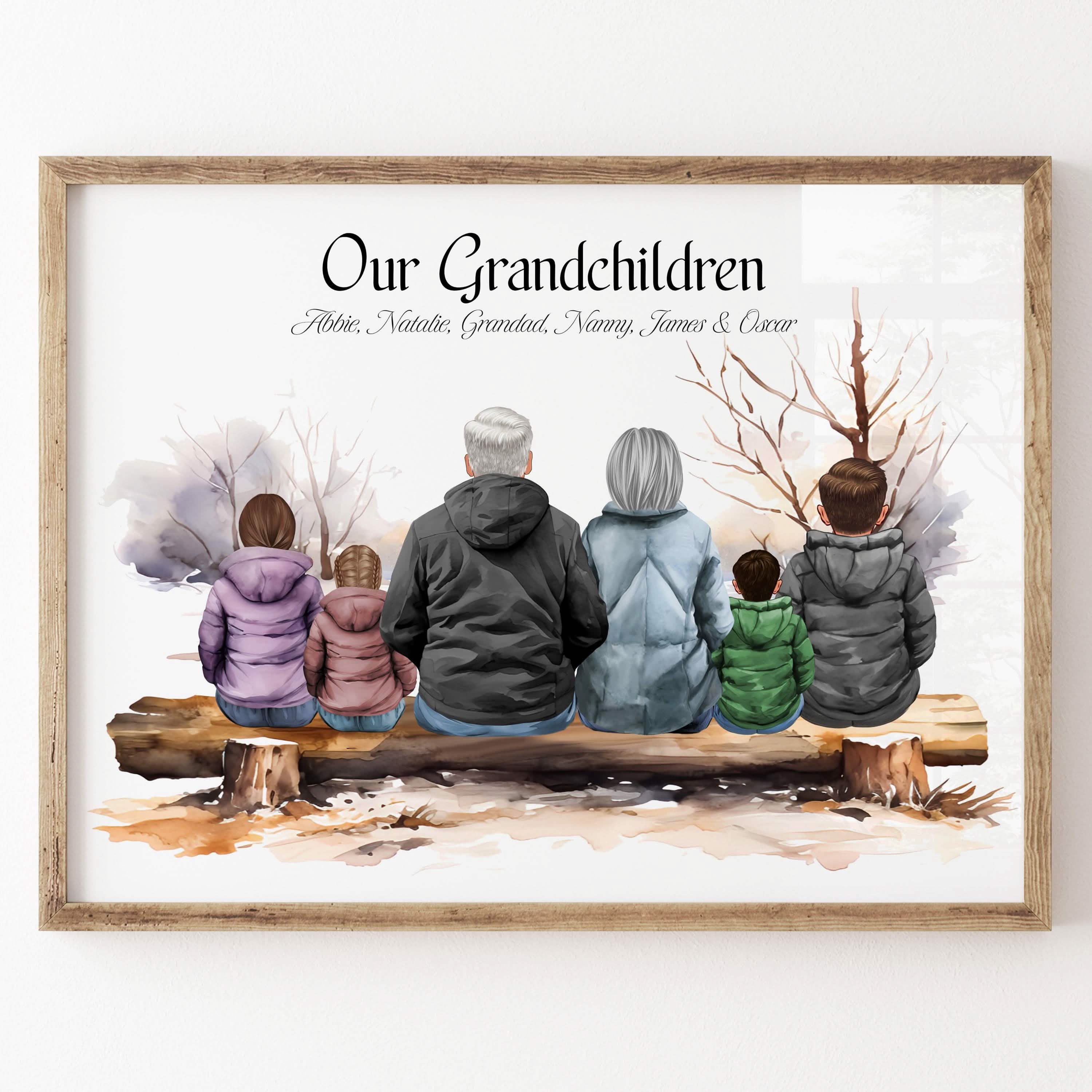 Gift for Nanny, Grandad, Grandparents, custom portrait print, nan, great grandmother, picture children with watercolour art handmade poster. Customise hair, clothing skintones to create a sentimental gift mothers day christmas birthday anniversary