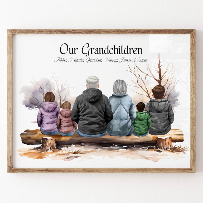 Gift for Nanny, Grandad, Grandparents, custom portrait print, nan, great grandmother, picture children with watercolour art handmade poster. Customise hair, clothing skintones to create a sentimental gift mothers day christmas birthday anniversary