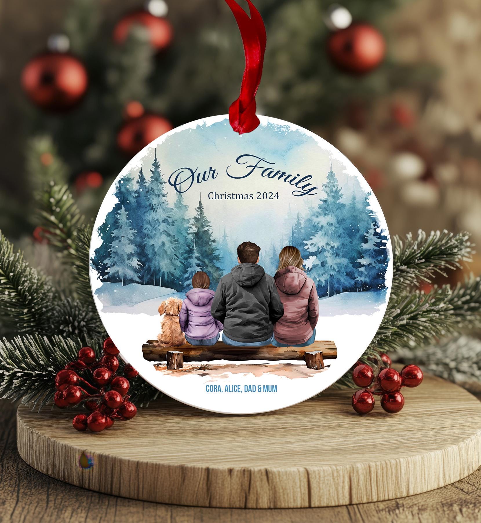 Our Family Christmas Bauble, Xmas Ornament, Couple and Dog Gift from daughter, son, daddy, mummy, Cat, Girl, boy custom print, 2024 2025