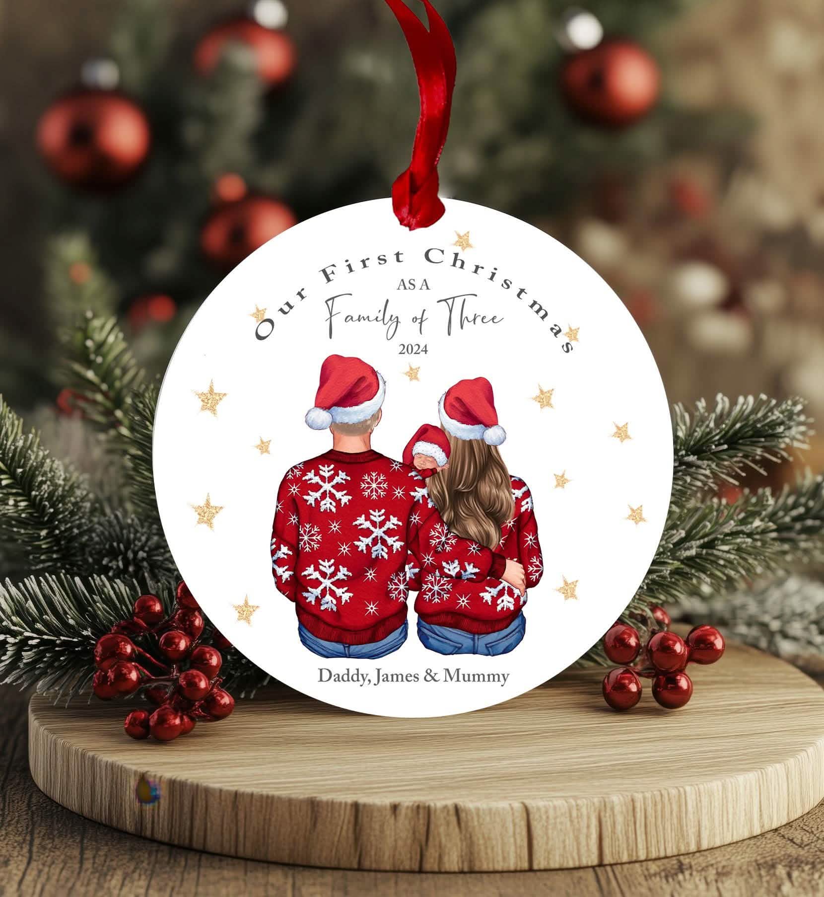 First christmas as a family of three bauble, Baby 1st Xmas,  personalised new parents Christmas gift ornament, couple and baby new mum dad baby first baubles