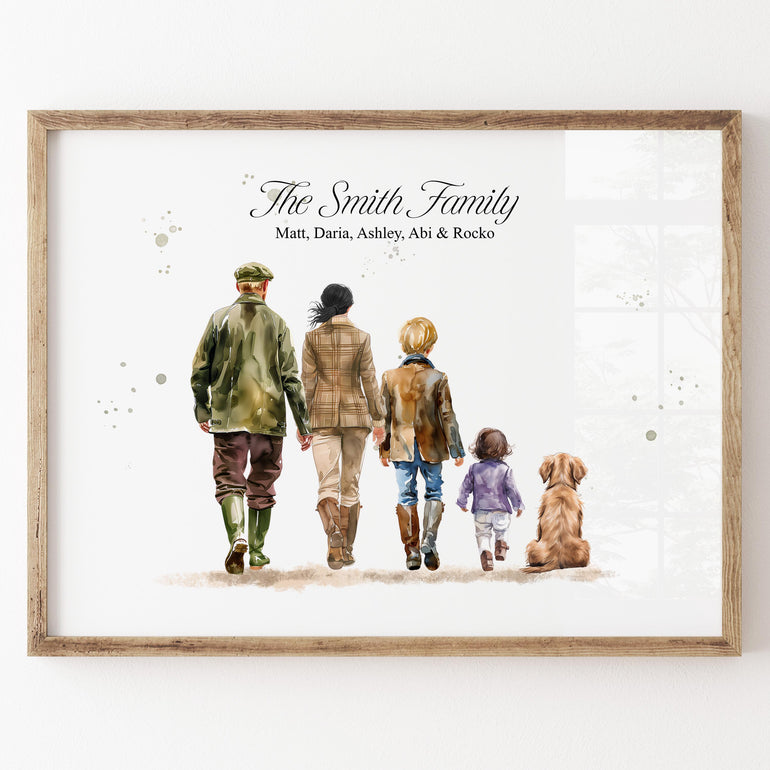 Country Walking Family Portrait with Children and Pets, Christmas Gifts, Personalised Wall Art, Family Gifts, Mothers Day, Fathers Day