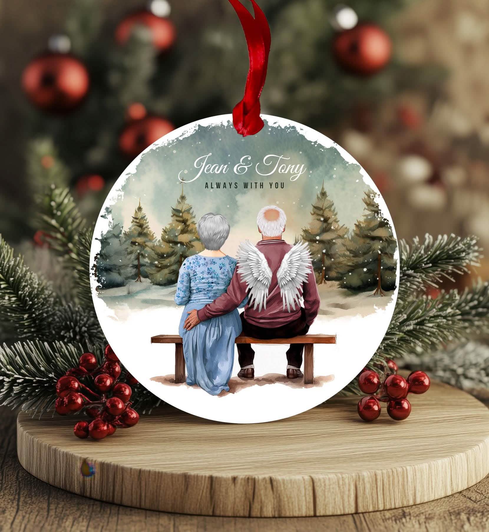 Grandad memorial christmas bauble, angels wings, nan christmas keepsake, Older couple always with you keepsake presents