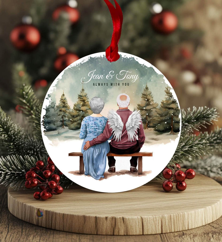 Grandad memorial christmas bauble, angels wings, nan christmas keepsake, Older couple always with you keepsake presents