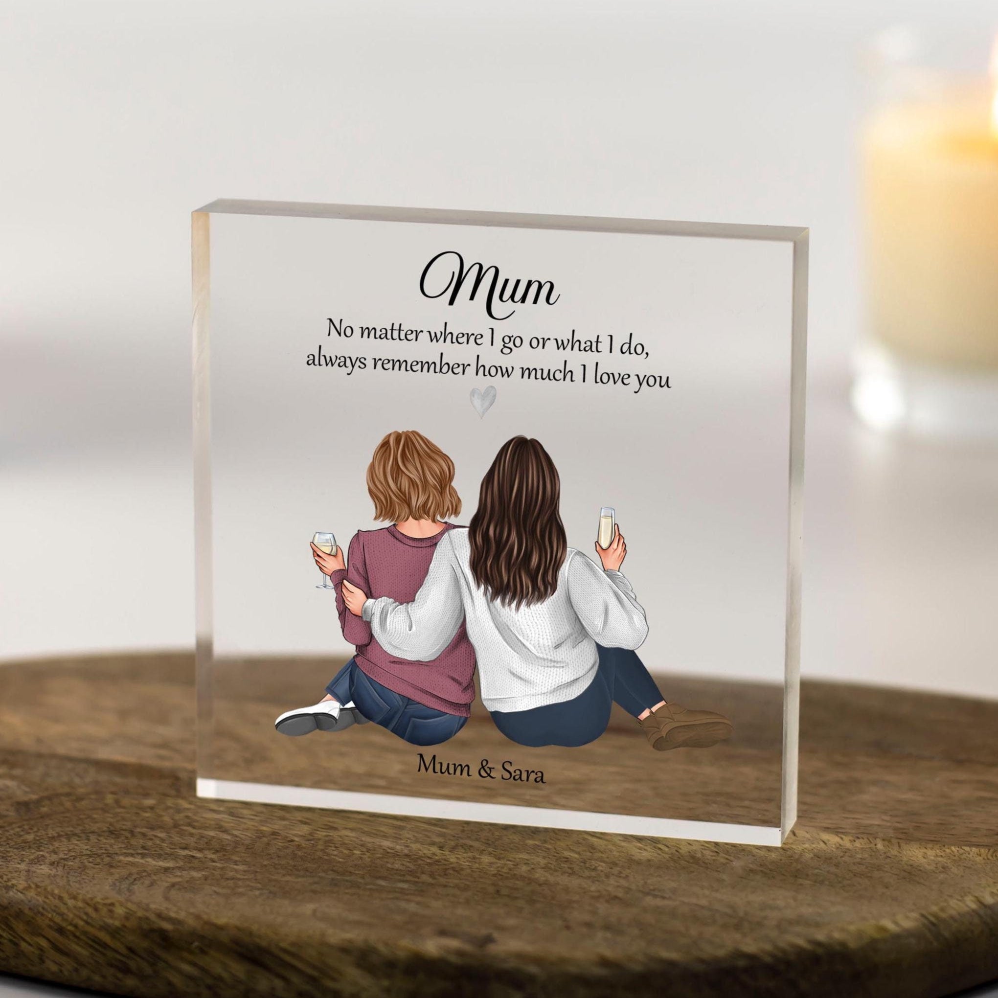 Mum Gifts for Christmas, Personalised Mother daughter picture, Birthday Present 50th 60th Acrylic plaque, Mum and daughter print art drawing customise hair, names handmade UK letterbox gifts with gift box