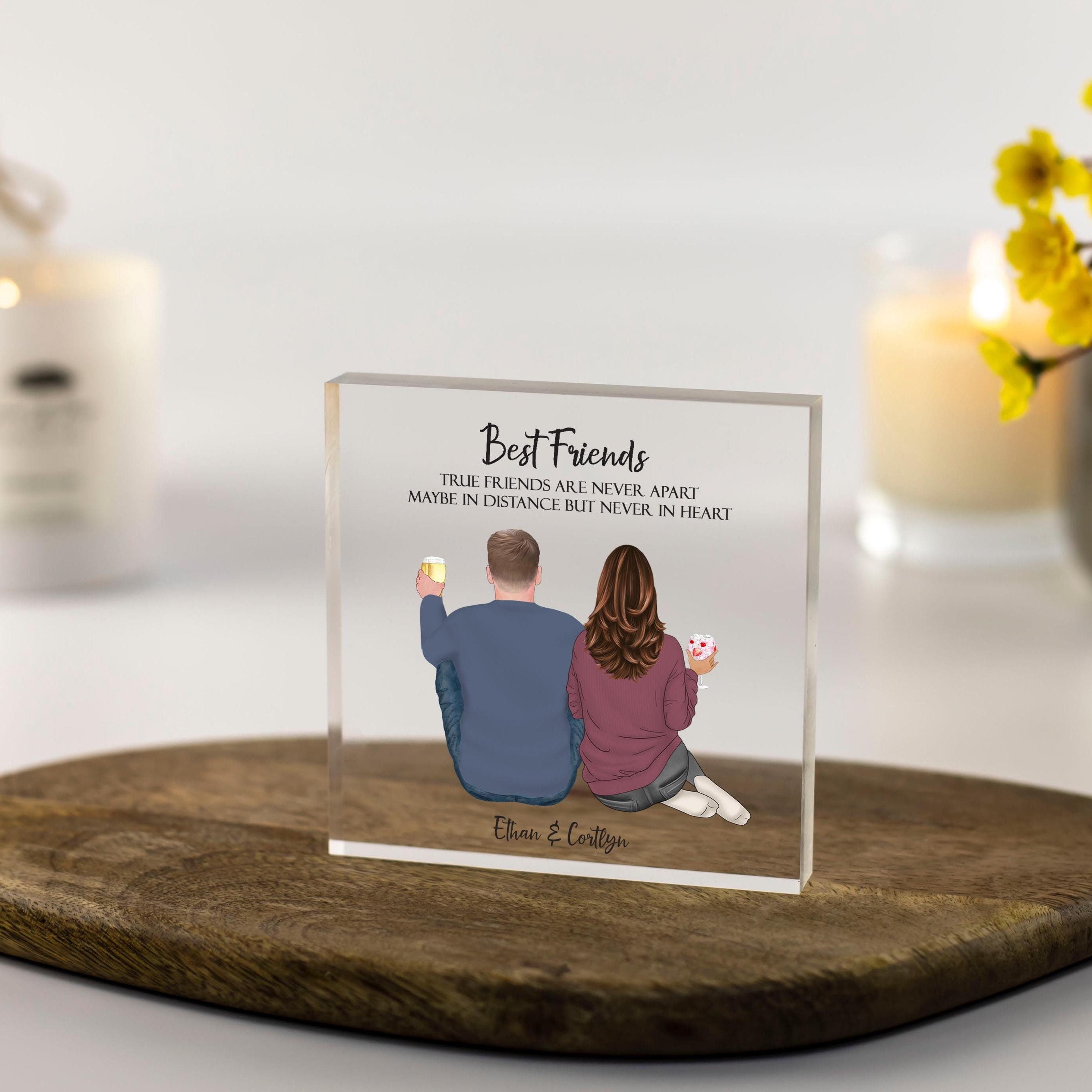 Male and female Best friend Personalised Print Custom portrait printed on acrylic block plaque. Ideal unique special sentimental gift for a best friend for Christmas birthdays or just because as a thank you gift
