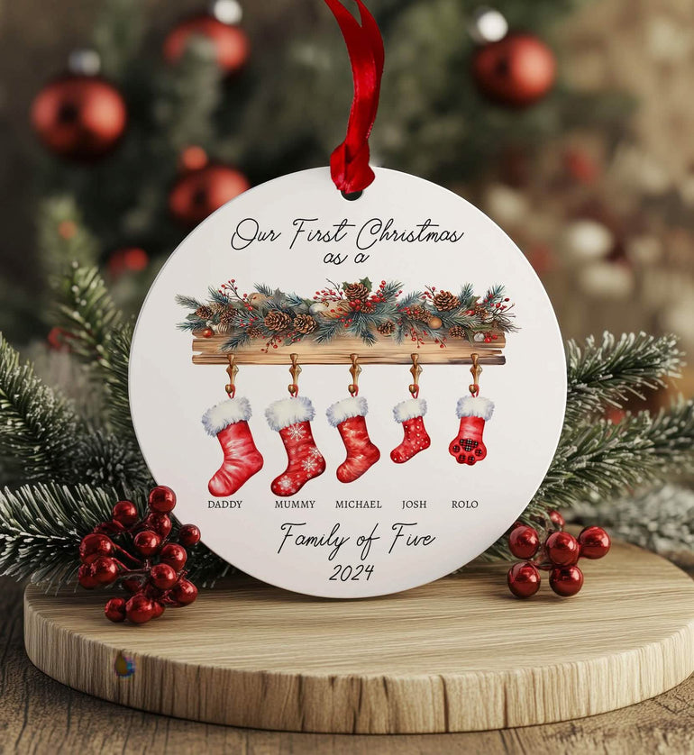First christmas as a family of five bauble, christmas tree ornament, stockings, first christmas with a dog, new dog, 1st baby newborn family gifts hanging christmas tree decoration