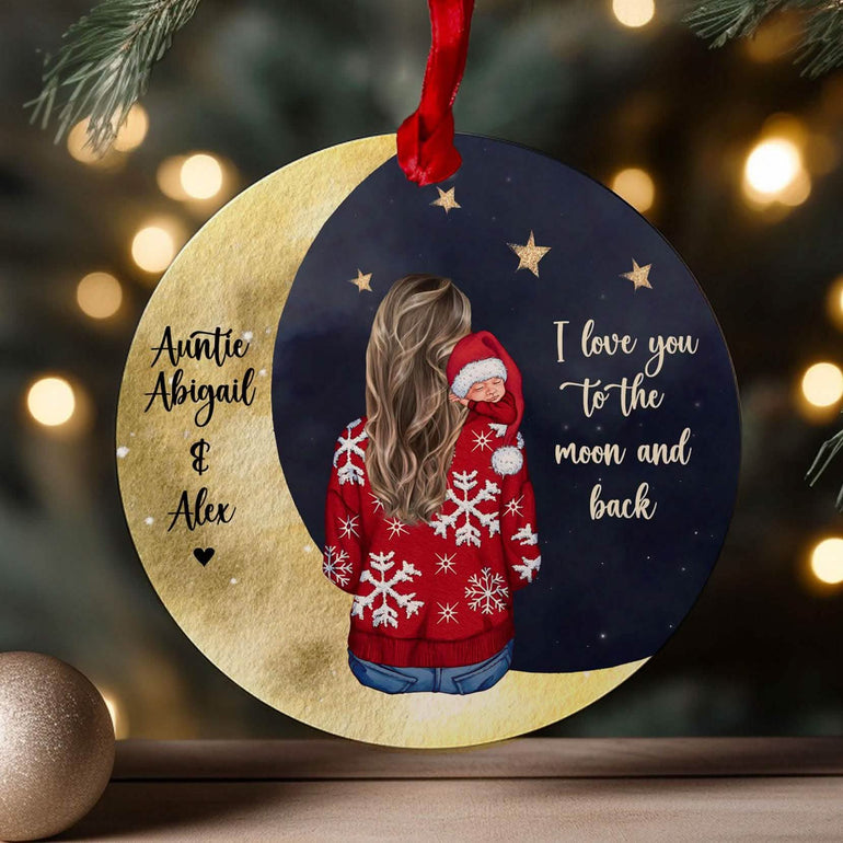 First Christmas as Auntie Bauble, aUNT AND NEWBORN SITTING ON MOON, GIFT FOR SISTER 1ST XMAS ORNAMENTHANGING TREE LOVE YOU TO THE MOON AND BACK GIFTS NIECE AND NEPHEW FACELESS PORTRAIT
